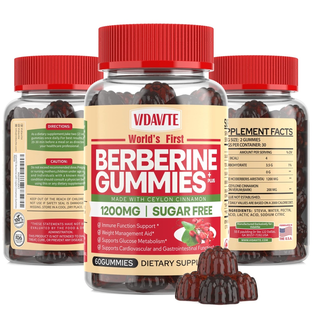 Βερβερίνη με Ceylon Cinnamon Gummies — Χωρίς ζάχαρη, 98% Καθαρή & 10x Απορρόφηση - 1200mg HCL Βιολογική Βερβερίνη Συμπλήρωμα για τη Διαχείριση του Βάρους, Ανοσία, Μεταβολική & Πεθητική Υγεία (30 Ημέρες)