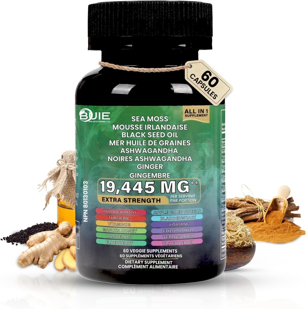 Sea Moss Capsules (Ginger) | 60 Capsules | İrlanda Moss with Black Seed Oil, Ashwagandha & Ginger | Seamoss Superfood for Energy, Immunity, Ortak & Skin Health | Vegan, Non-GMO Supplement