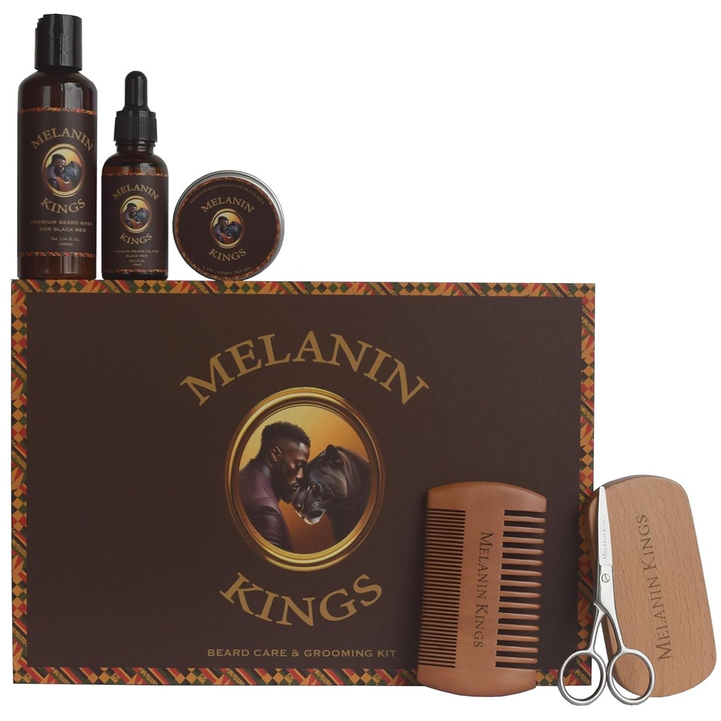 Melanin Kings Beard Grooming Kit for Men - Formulas With Ancient African Natural Materialss | Beard Wash, Oil, Balm, Brush, Comb, Trimming Scisors
