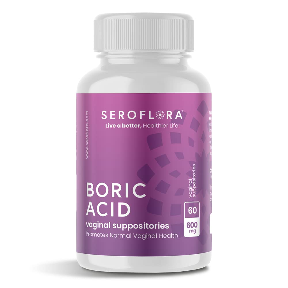 Seroflora Boric Acid Κολπικά Υποθετικά - Προάγει Κολπικό pH Ισορροπία και Odor Ελέγχου με USP Ιατρικού Βαθμού λεπτή σκόνη, Easy Dissolve, Made in USA -600 mg 60 Count