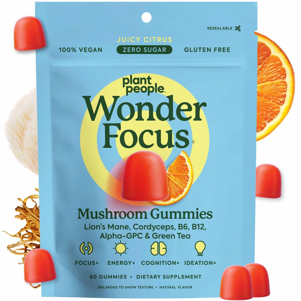 Plant People WonderFocus Mushroom Gummies with Lion’s Mane & Cordyceps - Nootropic Brain Supplement Ενισχύει τη μνήμη, την εστίαση, την ενέργεια και τη διάθεση σε ενήλικες 