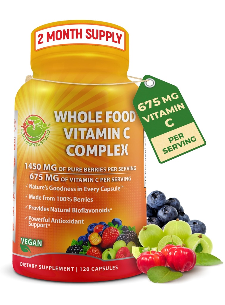 Tüm Gıda Vitamini C Kompleksi - 1450 mg Organik Berries - Servis başına 675 mg Vitamin C, Yüksek Lisans Antioksi ve Immune Support with Acerola, Amla and Natural Bioflavonoids - Vegan, Non-GMO, 120 Count
