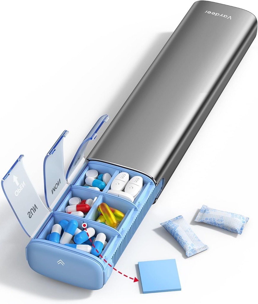 Vaydeer 7 Day Weekly Pill Organizer (Υποστήριξη 2 φορές την ημέρα), Metal Travel Pill Case, Μεγάλη Χωρητικότητα Daily χαριτωμένο κουτί χάπια για συμπληρώματα, χάπια, βιταμίνες και φαρμακευτική αγωγή (Gray)