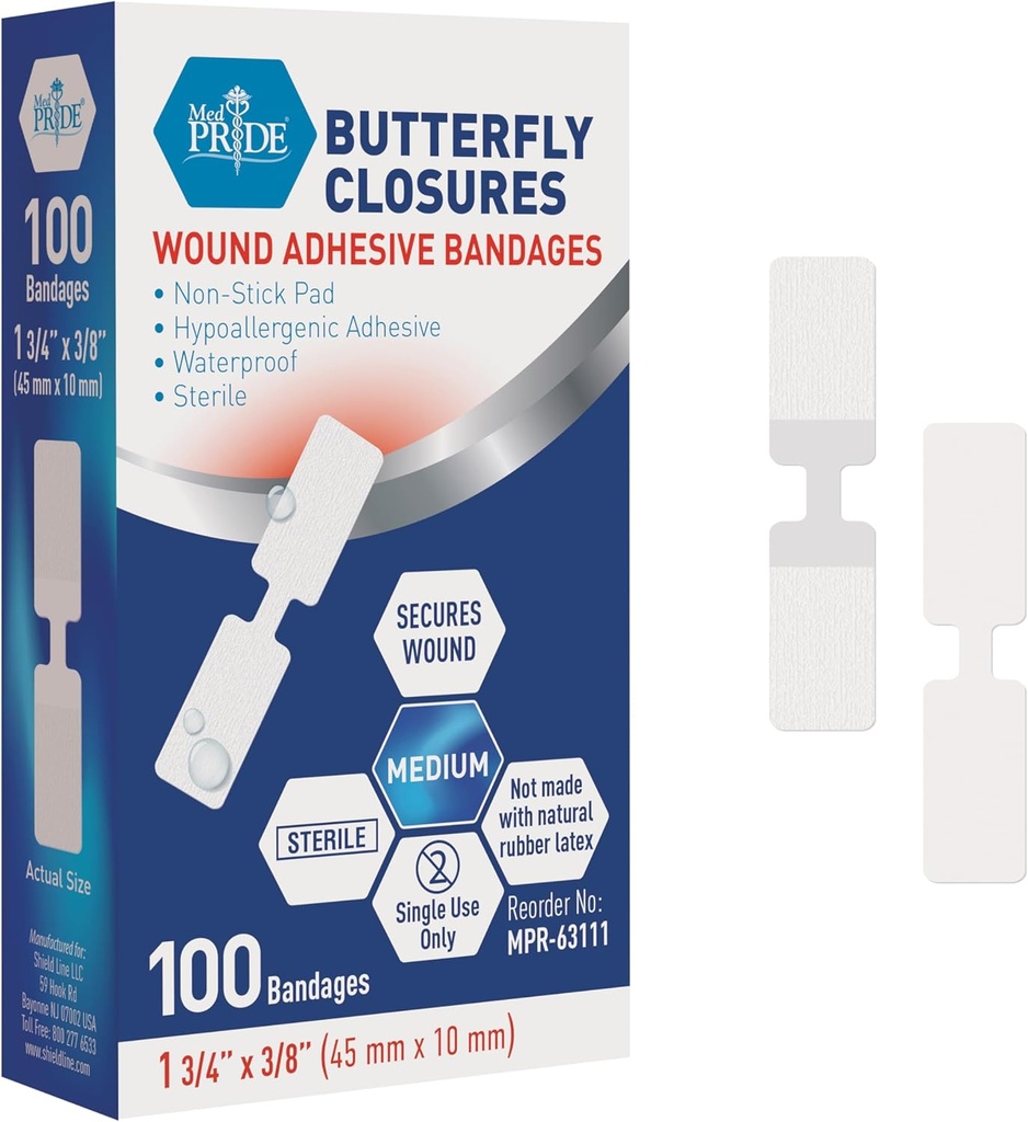 MED PRIDE Kelebek Yaraları 100 Sterile Nonstick Hipoallergenic Latex Free Bandages for Cuts and Injuries (Medium)