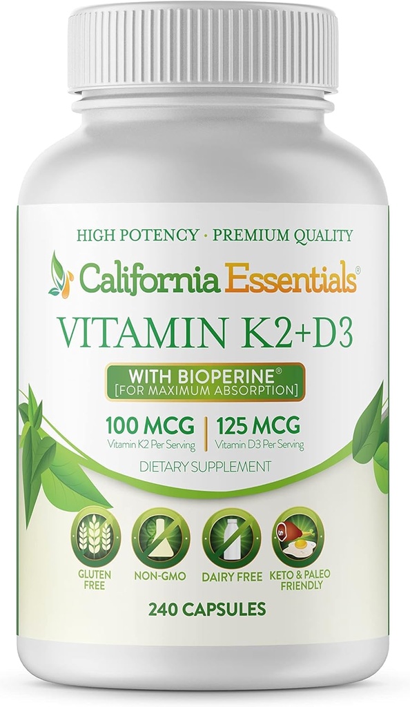 California Essentials Vitamin K2 + VIT D3 5000 I with BioPerine for Maximum Abors - Heart, Bone, Immune Support Supplement - Non-GMO, Dairy/Soy/Gluten-Free - 240 Veggie Capsules