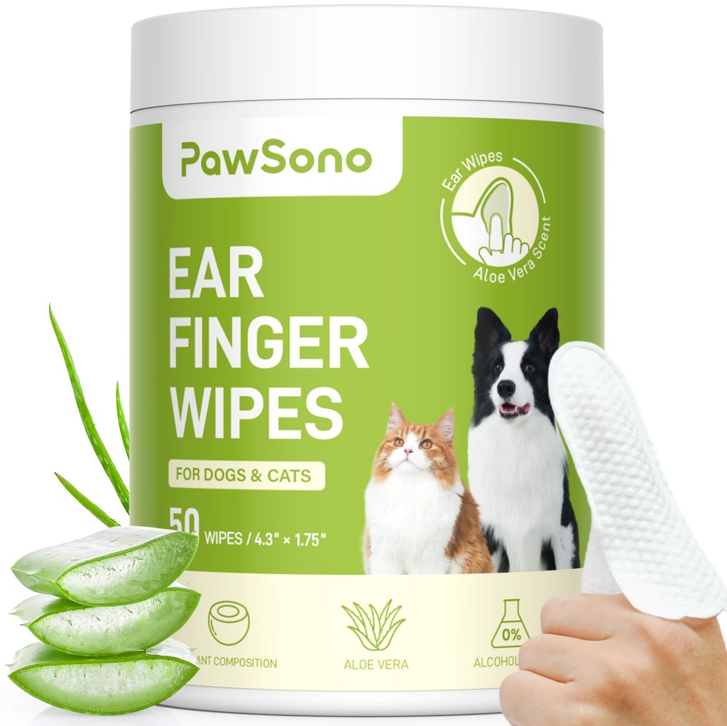 Ear Finger Wipes for Dogs & Cats, Tier Dog Ear Clean Wipes, Natural Relief Cat Ear Clean Dog, Pet Health Materials for Dog Small Animal Cat, Aloe Scent Deodoring - 50 Count