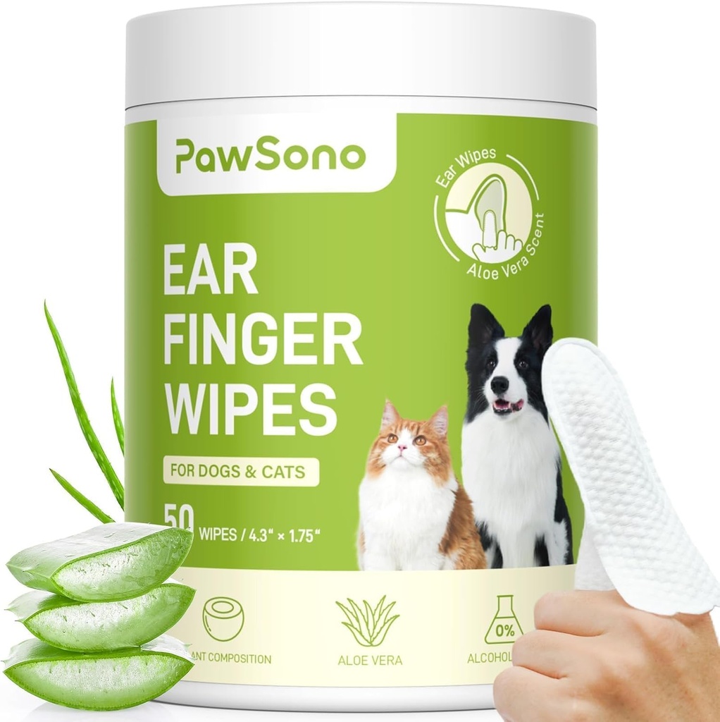 Ear Finger Wipes for Dogs & Cats, Tier Dog Ear Clean Wipes, Natural Relief Cat Ear Clean Dog, Pet Health Materials for Dog Small Animal Cat, Aloe Scent Deodoring - 50 Count