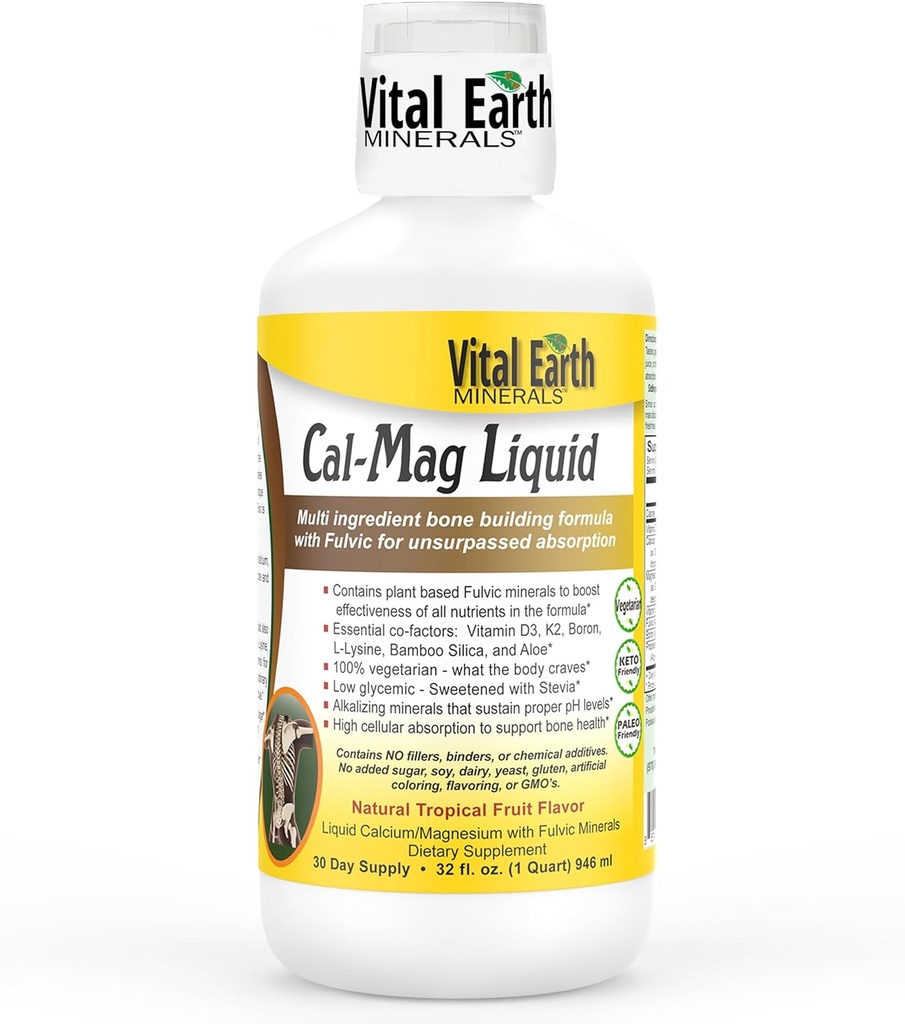 Vital Earth Minerals Cal-Mag Liquid – Συμπλήρωμα μαγνησίου ασβεστίου με βιταμίνη D3, K2, Boron, και Fulvic Acid για ταχύτερη απορρόφηση, 32 Oz + 1 Oz Κύπελλο
