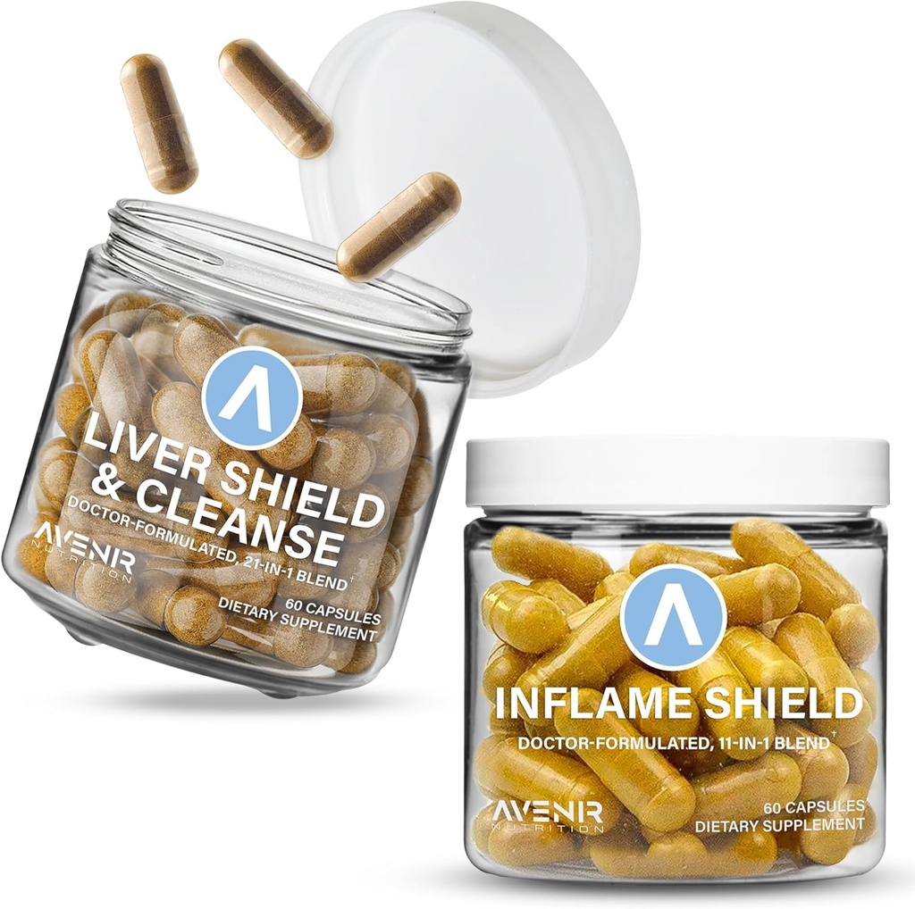 Avenir Nutrition Shield Hard Bundle - Liver Cleanse Detox & Repair and Inflame Shield - Γαϊδουράγκαθο γάλακτος, Turmeric και Ginger Συμπληρώματα - 60 κάψουλες το καθένα