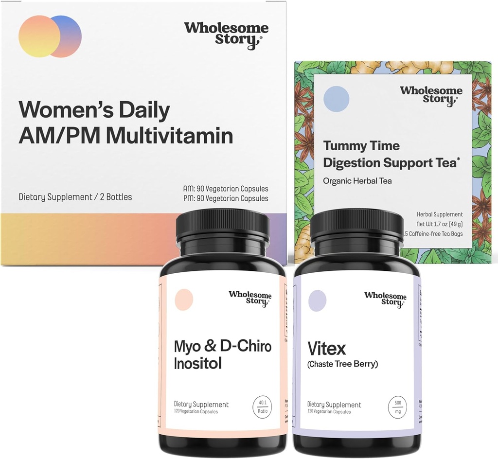 PMS Support Sche | Myo-Inositol & D-Chiro Inositol Mix 30-Day Supply | Vitex Chasteberry Supplement for Women 120-Day Supply | Premium Multivitamin for Women | Morning Hastaness Tea 15ct