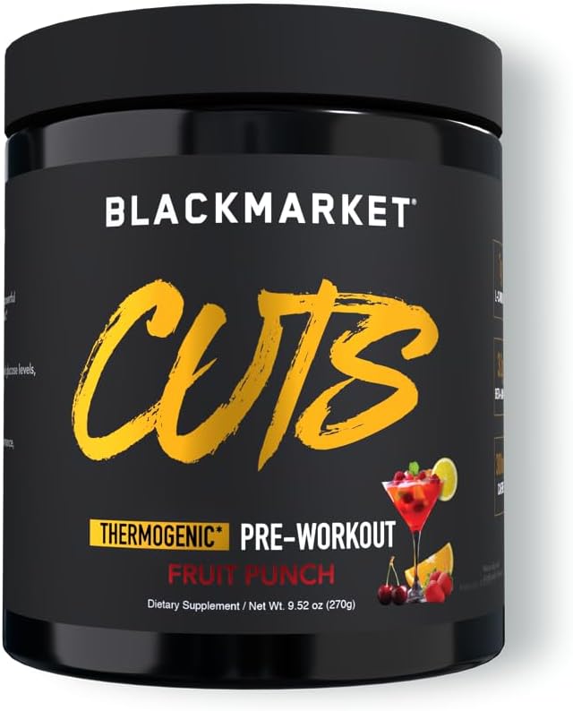 BLACKMARKET CUTS Pre Workout – Termogenic Energy & Focus Toz for Men & Women, Fat Metabolism, Kas Tanım, Kretine Free, 30 Hizmet (Fruit Punch)
