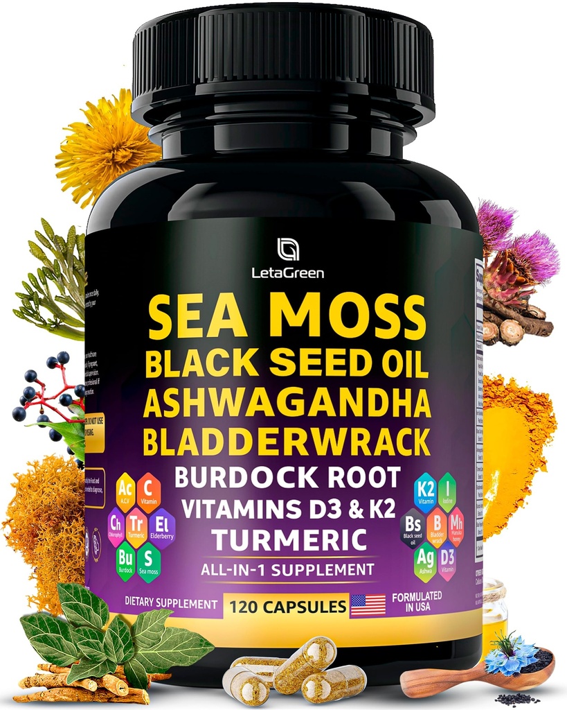 Sea Moss Capsules – 17-in-1 Cooldha Bladderwrack Burdock Root Turmeric Vitamin D3 K2 C for Daily Wellness – Multimineral Supplement for Men & Women – 120 Kont