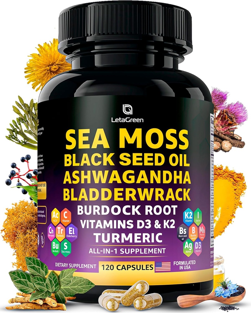 Sea Moss Capsules – 17-in-1 Cooldha Bladderwrack Burdock Root Turmeric Vitamin D3 K2 C for Daily Wellness – Multimineral Supplement for Men & Women – 120 Kont