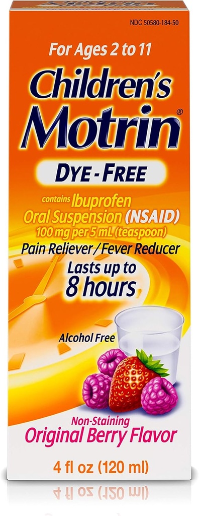Motrin Children's Oral Suspension Dye-Free, Ibuprofen, Ateş Tespiti, Berry, 4 Fl.Oz