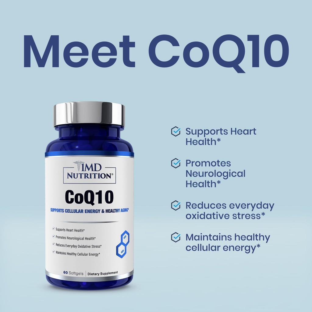 1MD Διατροφή CoQ10 - για την καρδιακή υγεία & κυτταροειδής παραγωγή ενέργειας - Συμπλήρωμα υγείας για άνδρες και γυναίκες - συνένζυμο Q10 Softgel - 60 ημέρες (2-πακέτο)