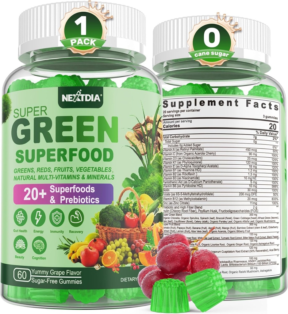 Super Greens Gummies, Greens Superfood Powder Alternative w/Spirulina, Chlorella, Prebiotic Fiber, Probiotic, Fruit Veggie, Daily Greens Vegetable for Digestive & Gut Health, Immunity, Focus, 60 Cts