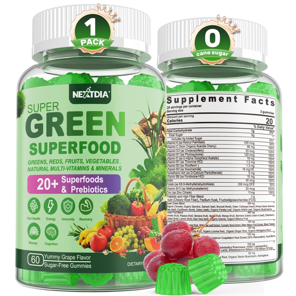 Super Greens Gummies, Greens Superfood Toz Alternatif w/Spirulina, Chlorella, Prebiyotik Fiber, Probiyotik, Meyve Veggie, Günlük Yeşiller Digestive & Gut Health, Immunity, Focus, 60 Cts