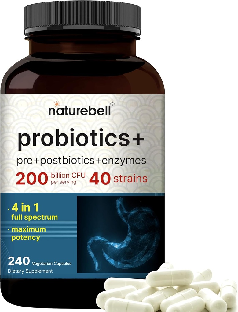 Probiyotik 200 Milyar CFU – 40 Strains Per | 240 Veggie Capsules with Prebiyotiks and Probiyotiks for Digestive Health - Gut Health & Bloating Support | Daily Probiyotiks for Women & Men