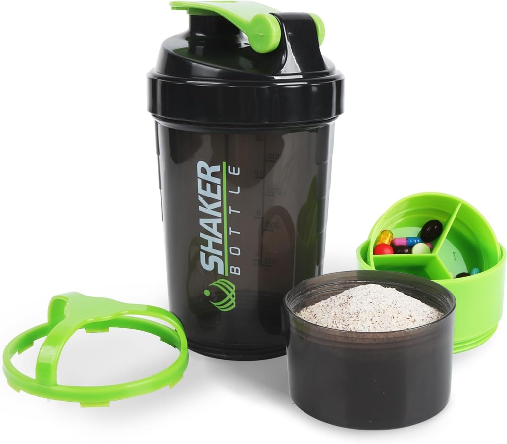 Shaker Bottle - Protein Shaker Cup with Storage Compartments - Leak-proof Workout Shake Bottles with Mixer for Smooth Mixing-500ML/16oz (GREEN & BLACK)