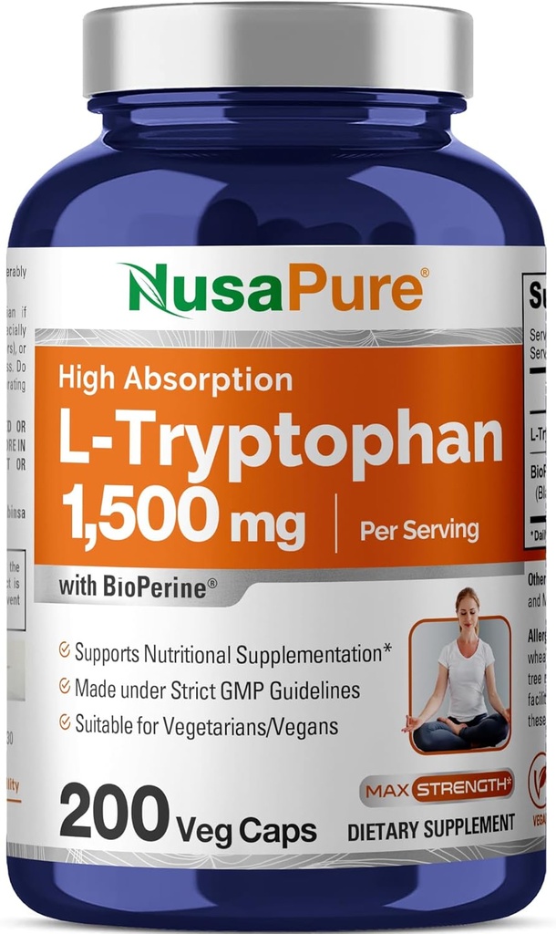 NusaPure L-Tryptophan 1500 mg 200 Vegetarian Caps (Non-GMO, Vegan) Bioperine