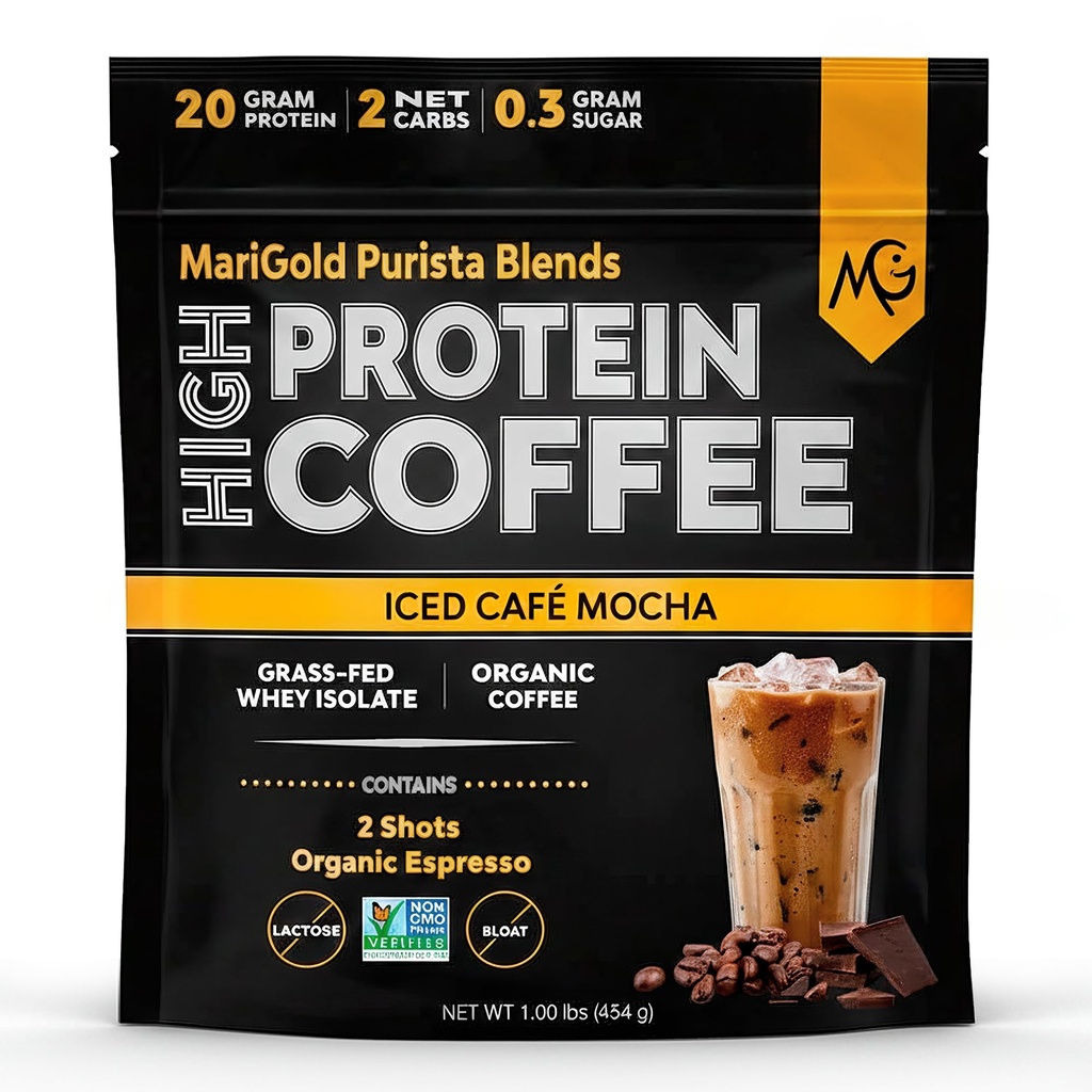 MariGold High Protein Coffee - Iced Café Mocha, 20g Grass Fed Whey Protein Isolate, Energy & Workout Boost, 2 Shots Organic Espresso, Non-GMO, 2 Net Carb, 1 Lb Bag, 15 Services