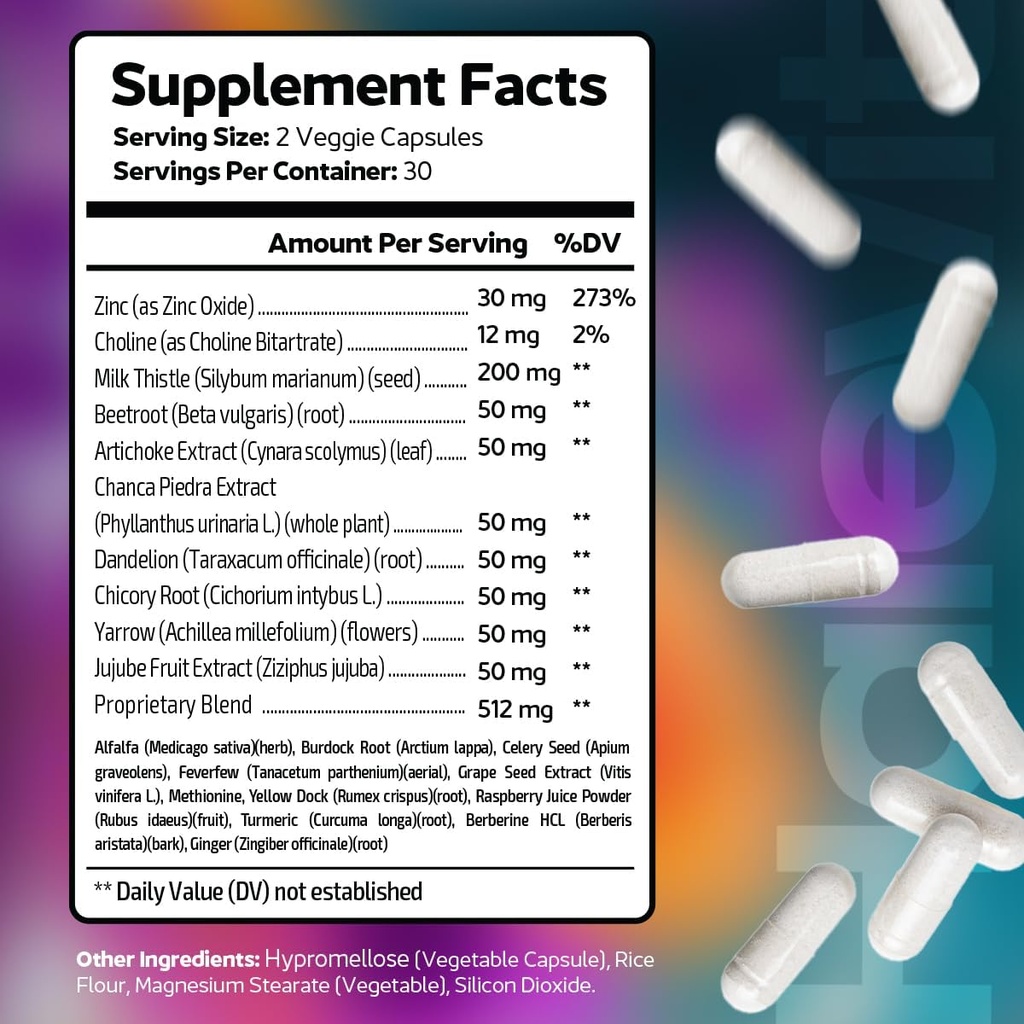 Third Party Tested Liver Supplement with Zinc, Choline, Milk Thistle, Beetroot, Artichoke Extract, Chanca Extract, Dandelion | Liver Detox and Cleanse | Made in USA