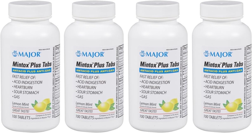 MAJOR Mintox Plus Tabs - Antacid Plus Anti-Gas Tabletleri - Hızlı Relieve Acid Indigestion, Heartburn, Sour Stomach ve Gas - Lemon Mint Flavored - 100 Count (4 Pack)