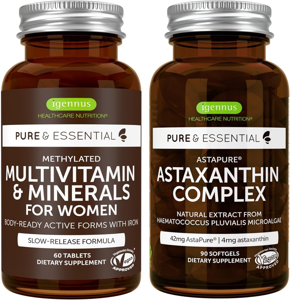 Kadınlar için Multivitamin & Mineraller + Astaxanthin Kompleksi Vegan Sche, Sustained release Advanced Multivitamin with Iron + Natural 4 mg H. Pluvialis Astaxanthin, by Igennus