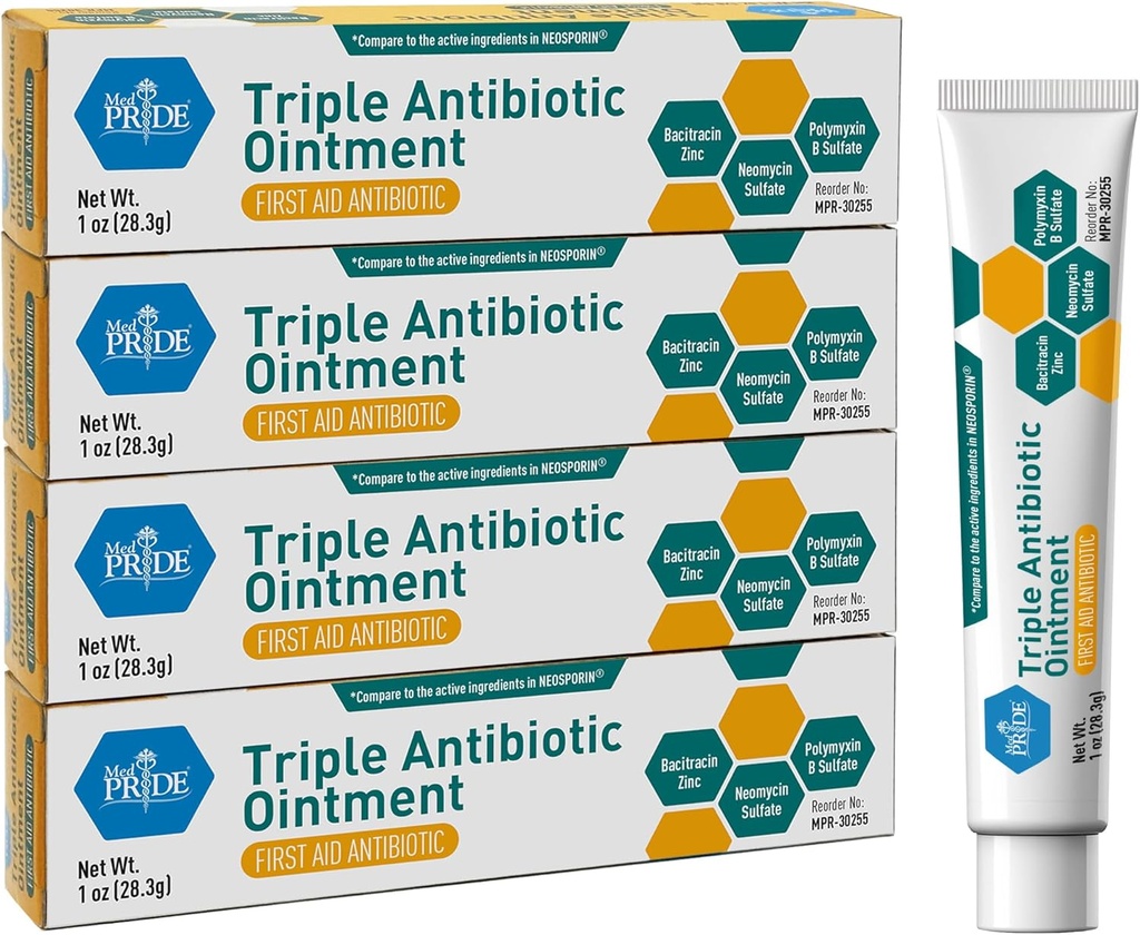 MED Pride Triple Antibiotic Pride Aintment Tube 1 Oz 4-Pack, Πρώτες βοήθειες για μικρές πληγές, γρατσουνιές, εκδορές, με ψευδάργυρο, νεομυκίνη, πολυμυξίνη