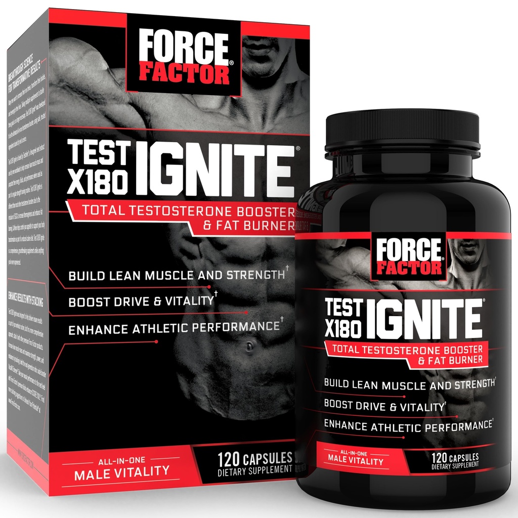 Force Factor Test X180 Ignite Total Testosterone Booster for Men with Fenugreek Seed and Green Tea Extract to Build Lean Muscle, Boost Energy, and Gellow Performance, 120 Count