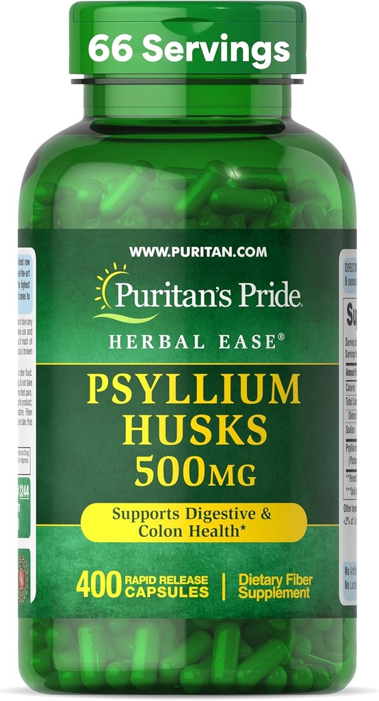 Puritan's Pride Herbal Ease® Psyllium Husks 500 mg, Digestive, Kolon ve Kalp Sağlığı Desteği, Daily Fiber Capsules, 2 Ay Supply, 400 Hızlı Yayın Kapsülleri