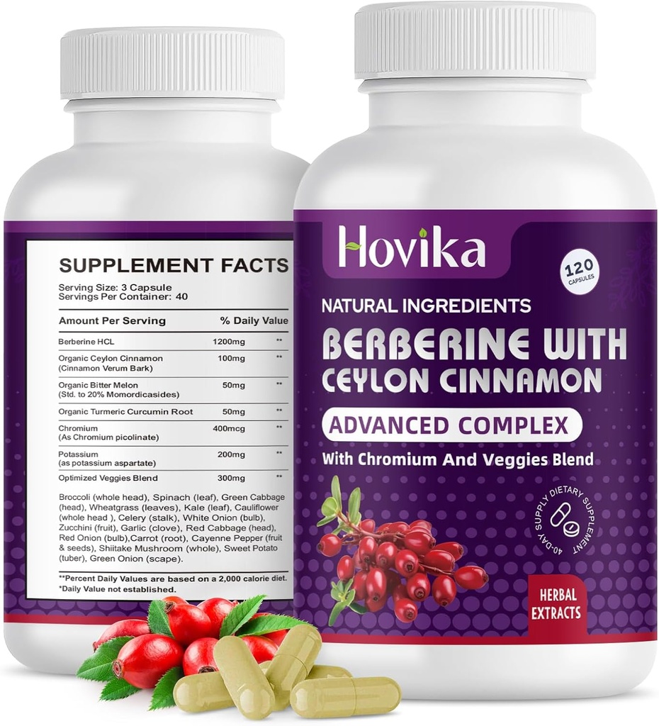 Berberine HCL Capsules 1200 mg - Ceylon Cinnamon, Chromium, Veggies Mix - Supports Metabolism ve Immune System, Gut Health - 120 ct Easy to Swallow Vegan Pills