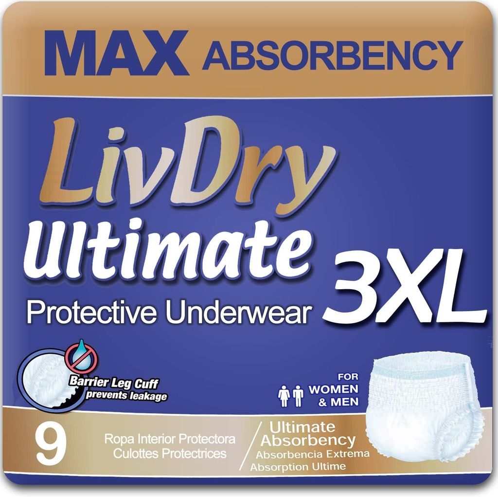 LivDry Ultimate Adult Incontinence Underwear, High Absorbency, Leak Cuff Protection (XXX-Large (9 Count)