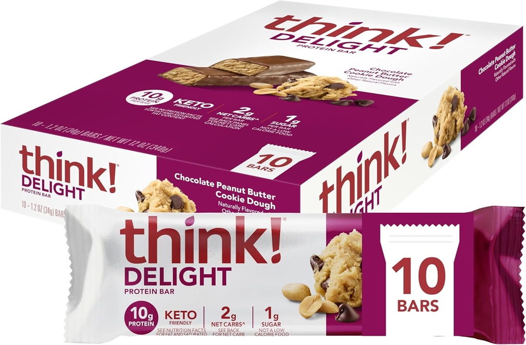 Düşün! Delight, Keto Protein Bars, Sağlıklı Low Carb, Gluten Free Snack - Chocolate Peanut Butter Cookie Dough, 10 Kont (Pazar Mayıs Vary)