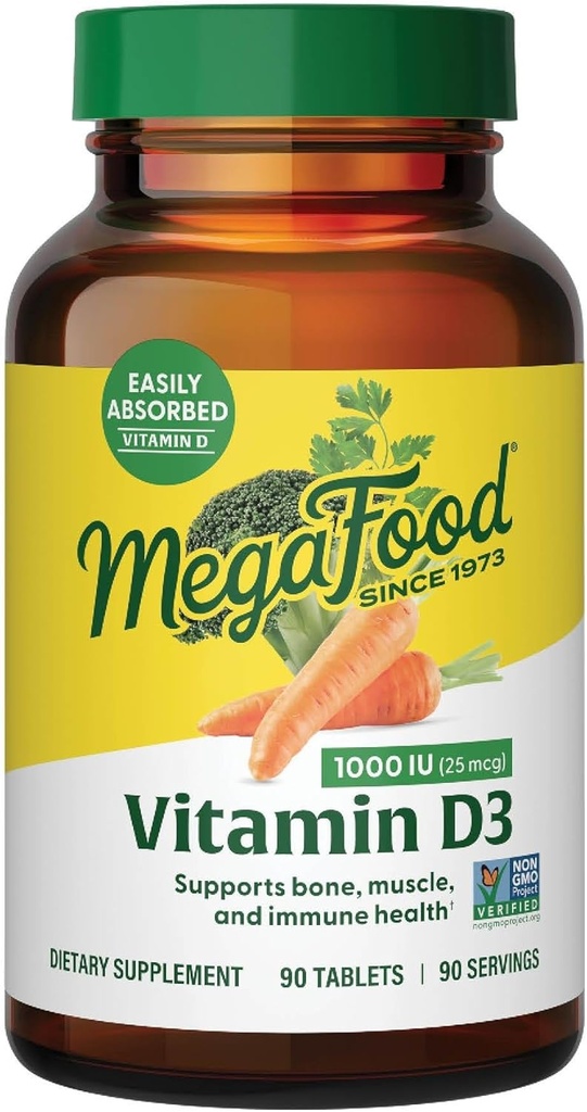 MegaFood Vitamin D3 1000 IU (25 mcg) - Βιταμίνη D συμπληρώματα με πραγματικό φαγητό, ανοσοποιητική υποστήριξη, υποστηρίζει οστά, δόντια & μύες, χορτοφάγους, χωρίς γλουτένη, μη GMO, Kosher – 90 δισκία, 90 σερβιρίσματα