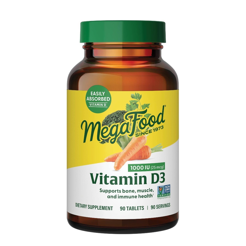 MegaFood Vitamin D3 1000 IU (25 mcg) - Gerçek Gıda ile D Supplements, Immune Support, Supports Bones, Teeth & Muscles, Vegetarian, Gluten-Free, Non-GMO, Kosher – 90 Tablet, 90 Hizmet