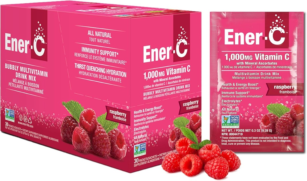 Ener-C Raspberry Multivitamin Toz Vitamin C 1000 mg & Elektrolytes with Real Fruit Juice Natural Energy & Immune Support for Women & Men - Non-GMO Vegan & Gluten Free - 30 Count