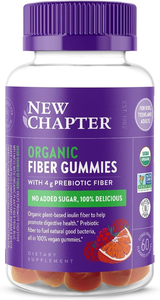 Yetişkinler ve Çocuklar için Yeni Bölüm Organik Fiber Gummies (Age 4+), Plant-Based Prebiyotik Fiber for Digestive Health, Vegan, Non-GMO, USDA Organic, Gluten Free, Citrus-Berry Flavored, 60 ct