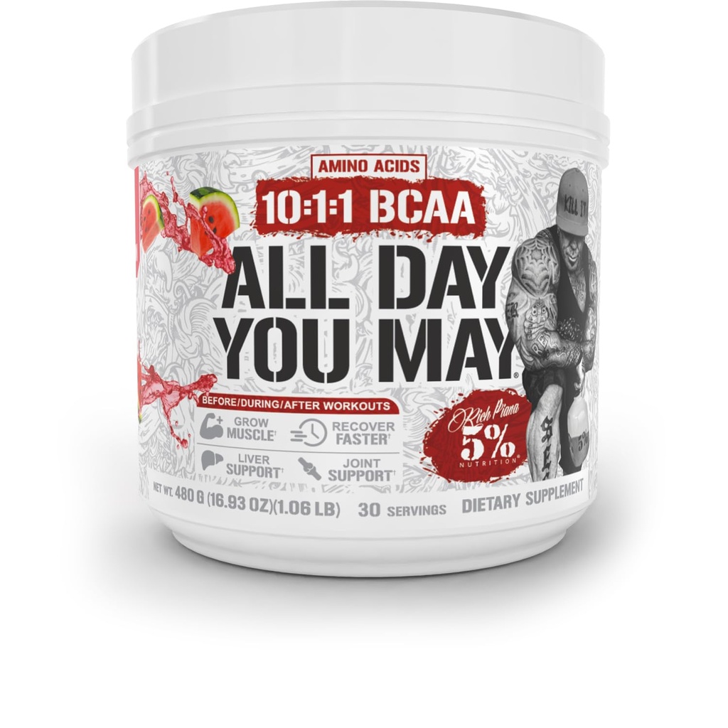 % 5 Beslenme Zengin Piana AllDay YouMay BCAA Toz | Premium Intra & Post Workout Platinum Acids, EAA, Electrolytes | Hydration, Endurance, Recovery | Vegan & Keto | 16.9 oz, 30 Srvgs (Watermelon)