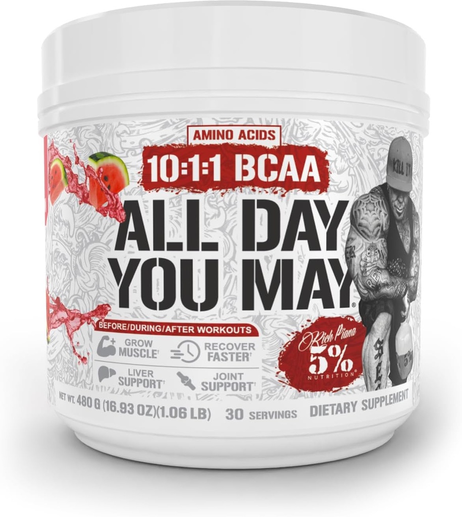 % 5 Beslenme Zengin Piana AllDay YouMay BCAA Toz | Premium Intra & Post Workout Platinum Acids, EAA, Electrolytes | Hydration, Endurance, Recovery | Vegan & Keto | 16.9 oz, 30 Srvgs (Watermelon)