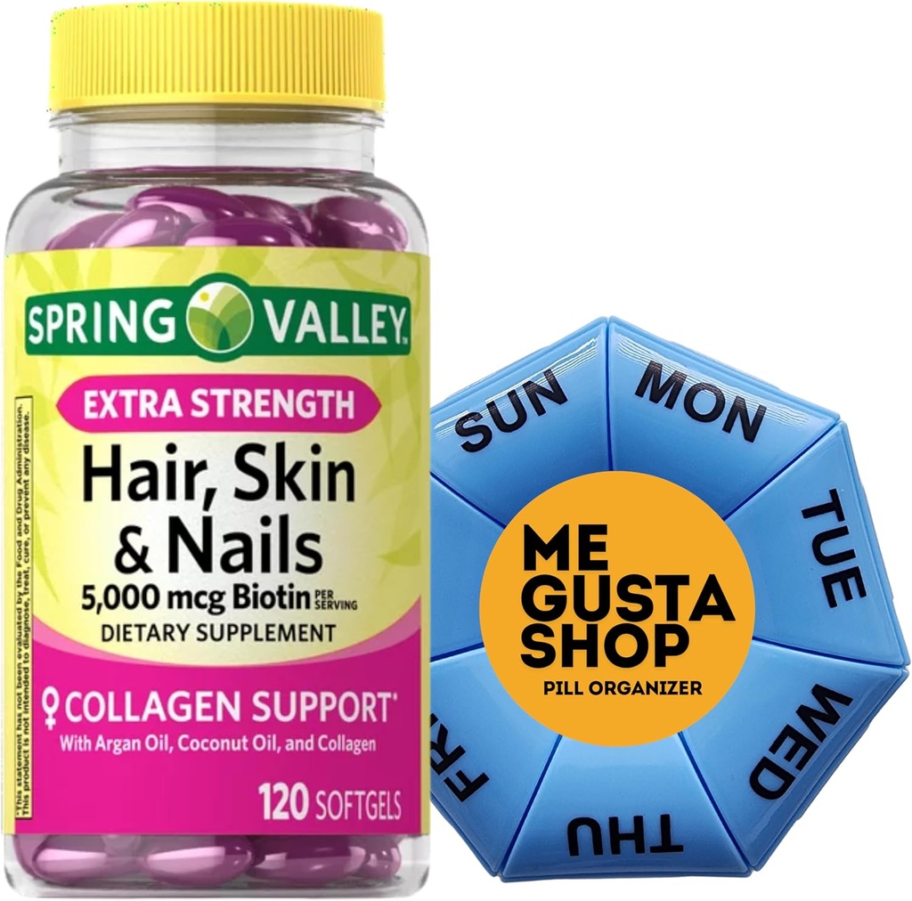 Ekstra Güç Saçları, Skin & Nails Diyetary Spring Valley Tamam, Biotin, Collagen, Gelatin 120 ct Pill Organizer içerir