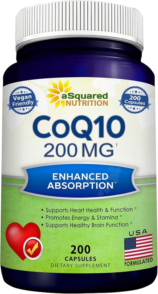 ASquared Beslenme CoQ10 (200 Capsules ve 200 mg) - Yüksek Abhidrojen CO Q-10 Toz - Enzyme Ubiquinone Supplement Pills, Ekstra Antioksi Coenzyme Q10 Vitamin, Coq 10 Alernative to Softgels
