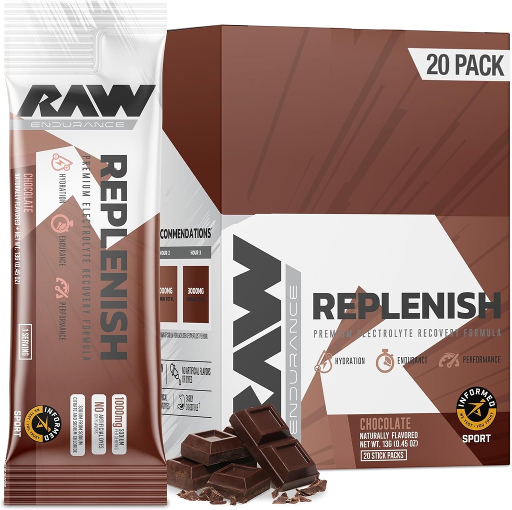 RAW Replenish Packets, Premium Ηλεκτρόλυτες Powder Recovery Formula, Σοκολάτα (20 Stick Packs) - Γεύσεις Ηλεκτρολυτικό Μείγμα Ποτού για Ενυδάτωση, Ανακούφιση, Αντοχή & Επιδόσεις