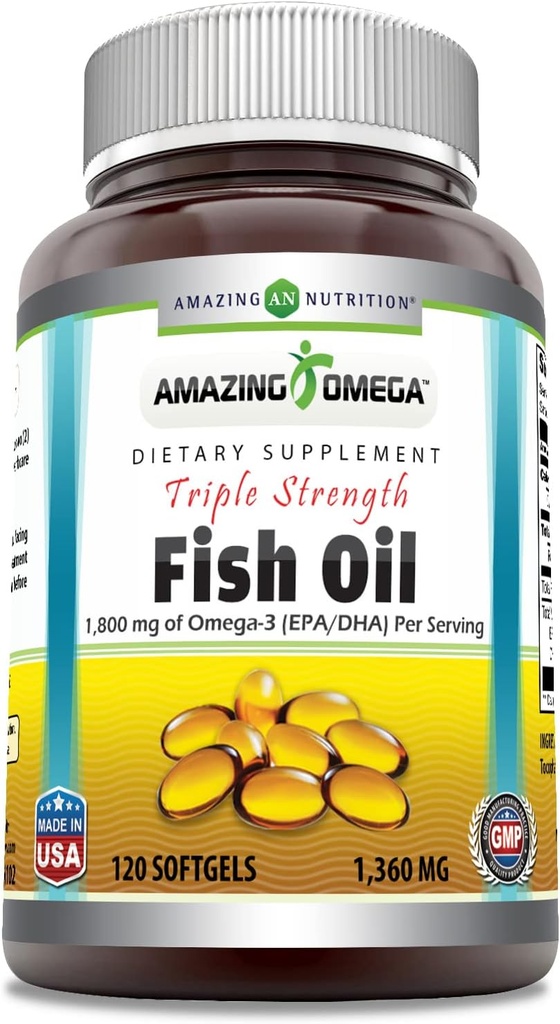 Amazing Omega Triple Strength Fish Oil (Omega-3, EPA/DHA) Supplement | 1360 Mg Per | 120 Softgels | Non-GMO | Gluten-Free | Made in USA
