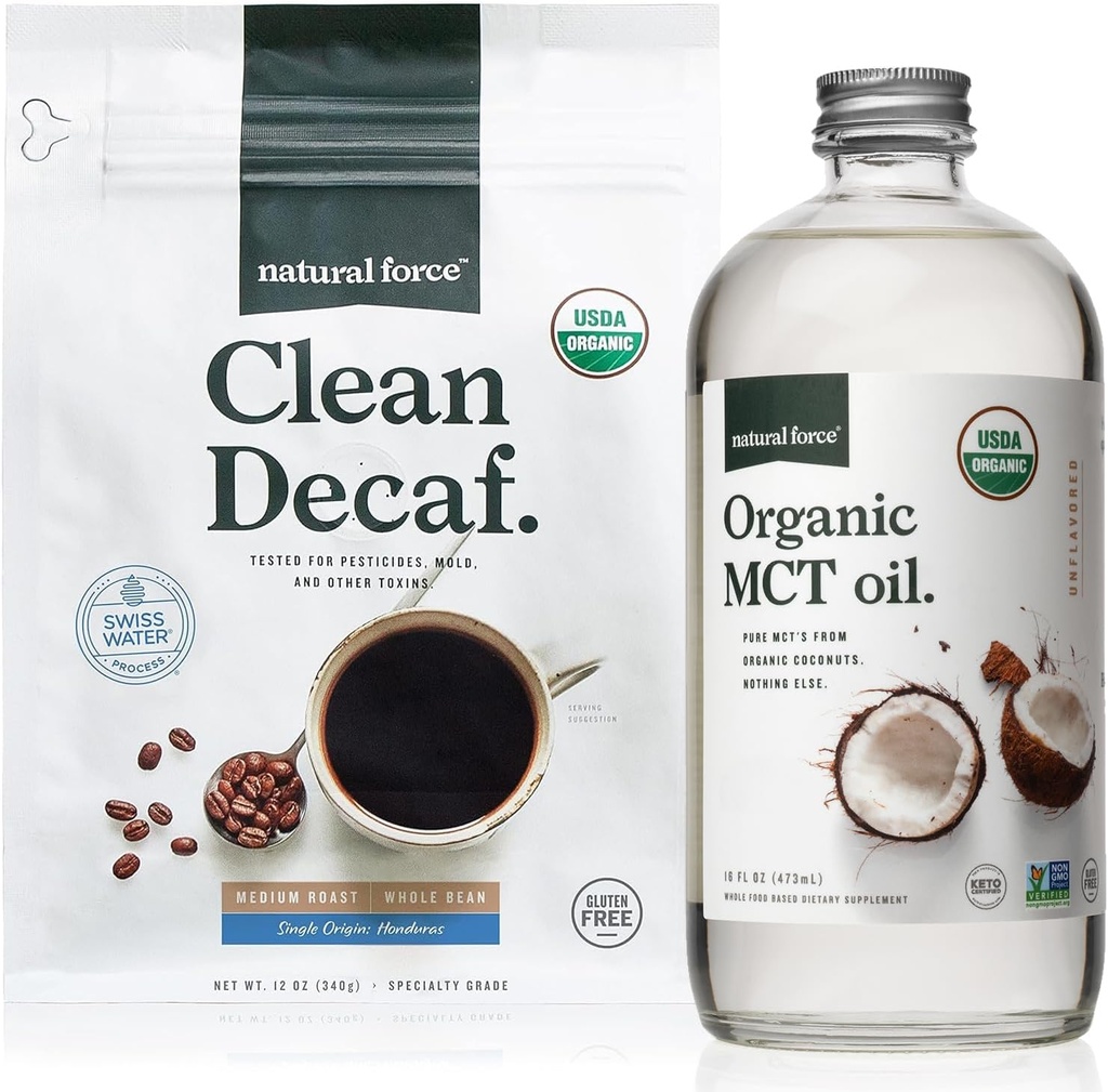 Doğal Kuvvet Organik Temiz Decaf Kahve + Organik MCT Petrol Paketi - 100% Saf Piramit MCTs & Moldova Ücretsiz Kahve - Non-GMO, Keto, Paleo, ve Vegan - 12 Oz ve 16 Oz