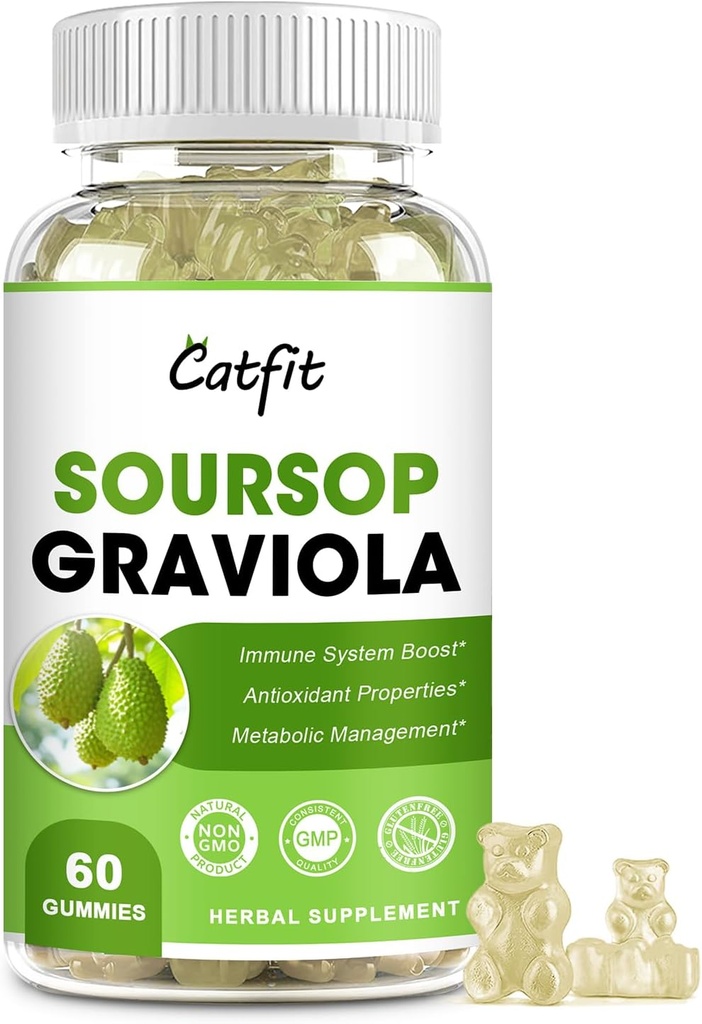Soursop Graviola Gummies, φύλλα soursop εκχυλίσματα βοτάνων για ανοσοενισχυτικό, αντιοξειδωτικό και συνολική υποστήριξη της υγείας, φρούτα soursop, υψηλής απορρόφησης, χωρίς γλουτένη, Vegan, 60 Gummies