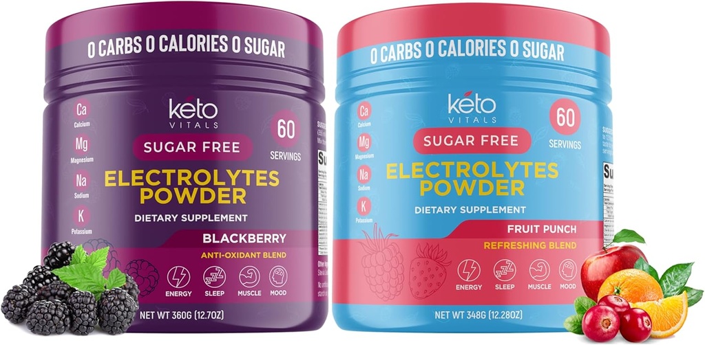 Keto Vitals BlackBerry Sche with Fruit Punch - 2 Pack Sche Zhong Electrolytes Toz - Keto-Friendly Electrolytes with P properties, Magnezyum, sodyum,dis - BlackBerry & Fruit Punch