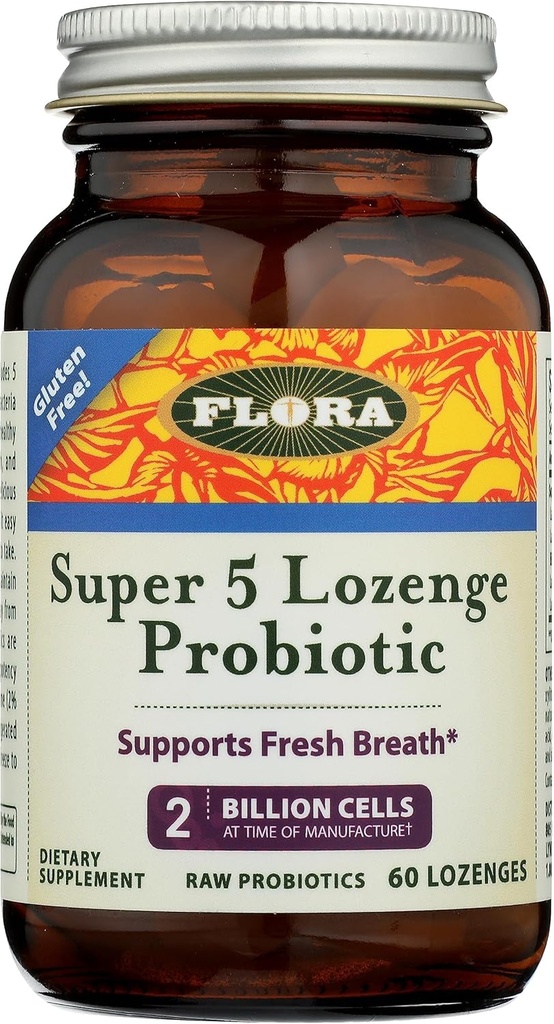 Flora - Super 5 Lozenge Probiotic, Βατόμουρο Γεύση στοματικό προβιοτικό, Καλό για την κακή αναπνοή, Πέντε Strains με 2 δισεκατομμύρια CFU, Regain and Retain Gut Health, RAW, 60 Lozenges
