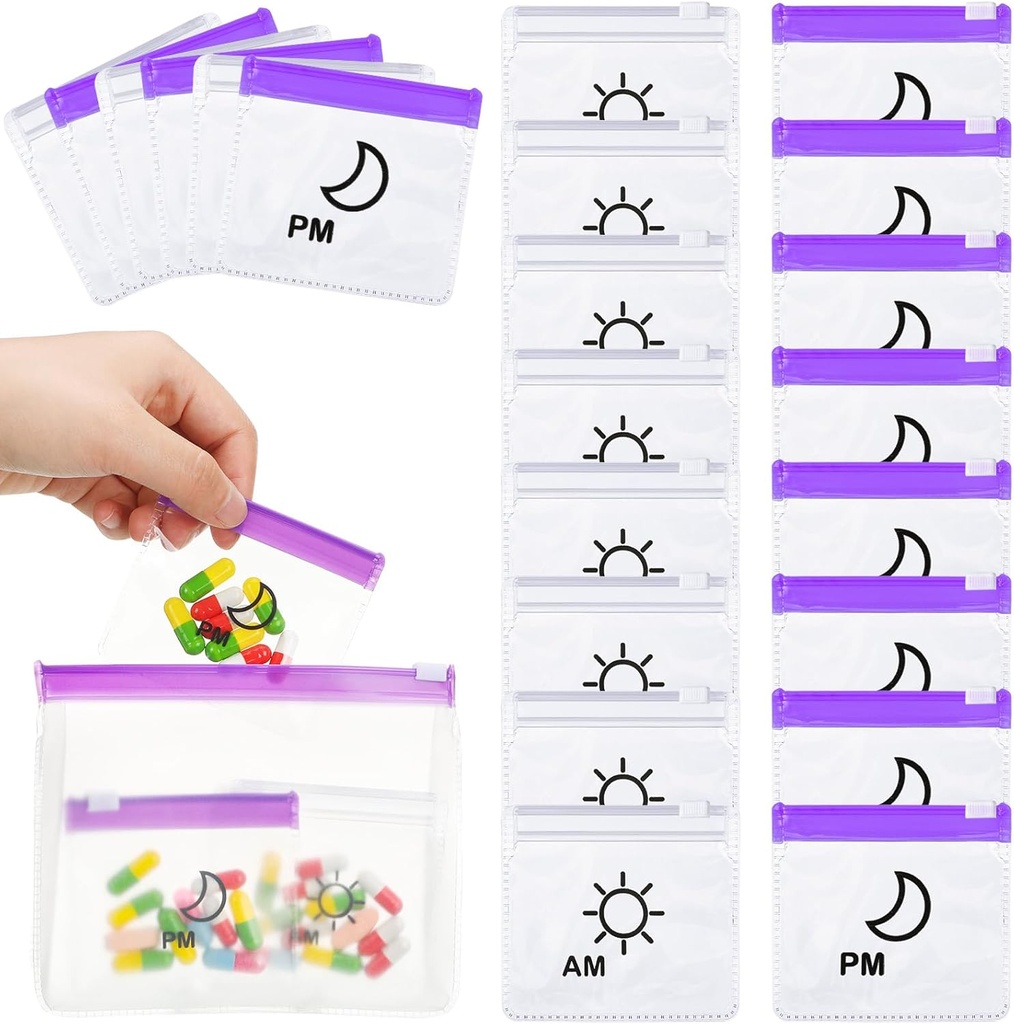 56 Adet AM PM Pill Pouches Çanta Seyahat Pill Çanta Fabrikalı Tıp Organize Günü ve Gece Pill Bag Reusable Plastik Pill Baggies with Slide Lock Monthly Pill Organizer 2 Times a Day (Clear, Mor)