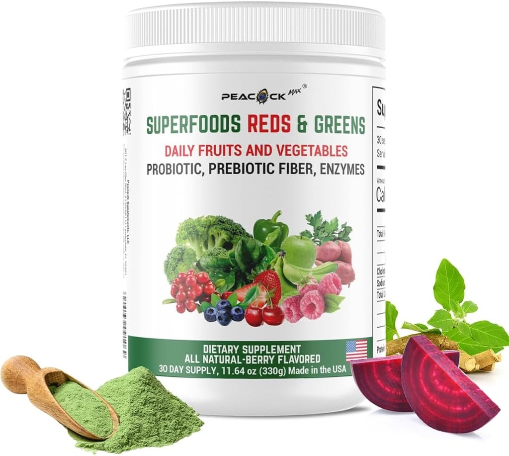 Superfood Reds & Greens Toz - 11.64 oz, Digestive Health için Prebiyotikler ve Probiyotikler, Super Greens Toz Gut Health, Immunity, Antioksis, Vegan, Non-GMOS